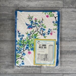Vtg Closet Accessories 57 Inches Jumbo Dress Bag Blue Trim Flower Bird Print